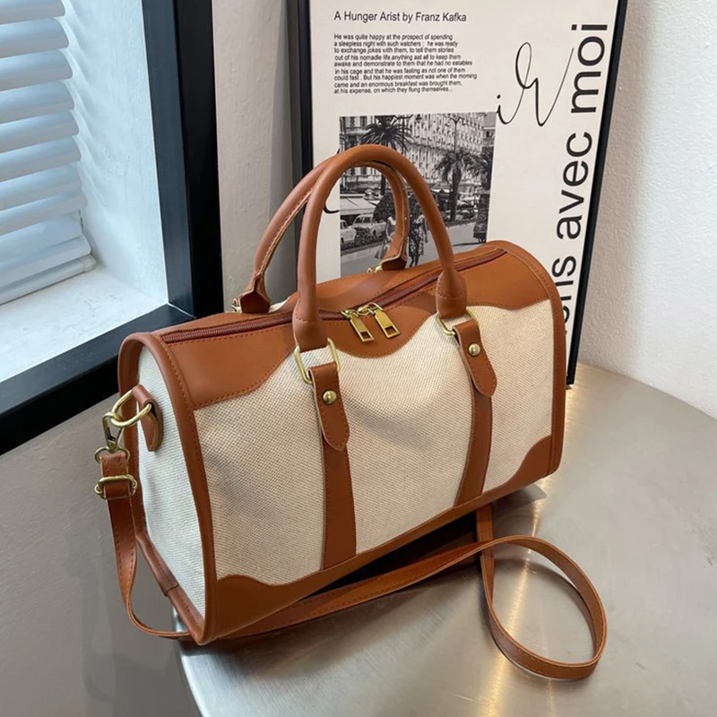 Bolso Boston De Lona Para Mujer, Bolso De Viaje De Gran Capacidad,  Bandolera Con Costuras Vintage, Pago En Línea Rápido Y Seguro