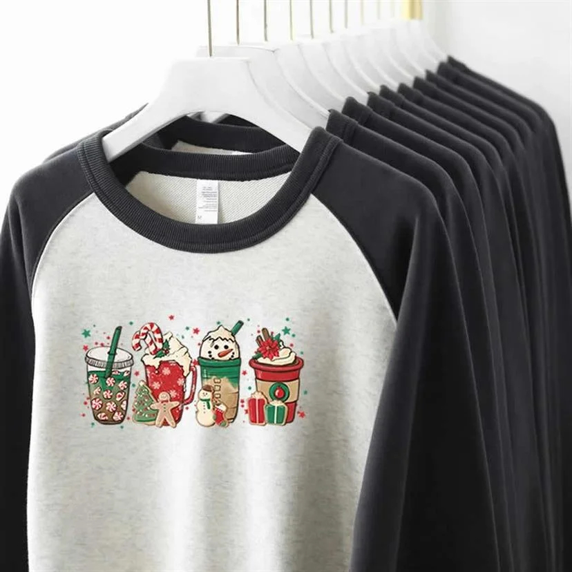 

Coffee Christmas Print Women's Sweater Loose Design Harajuku Sense Contrast Raglan Top Bottom Coat In Autumn Winter