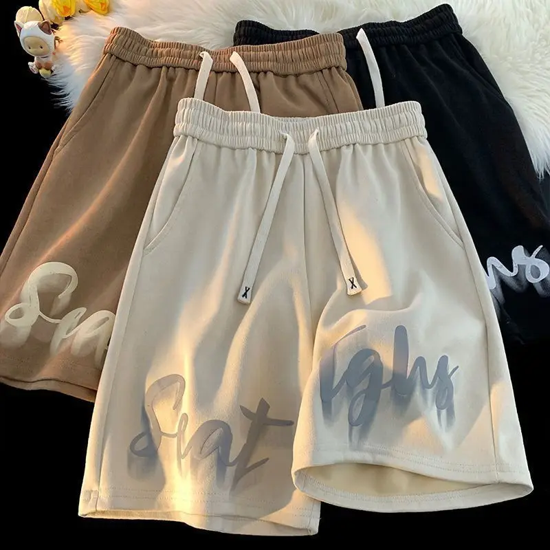 Fashion Elastic Lace Up Pockets Printed Letter Casual Shorts Men's Clothing 2024 Summer New Loose Young Style High Waist Shorts