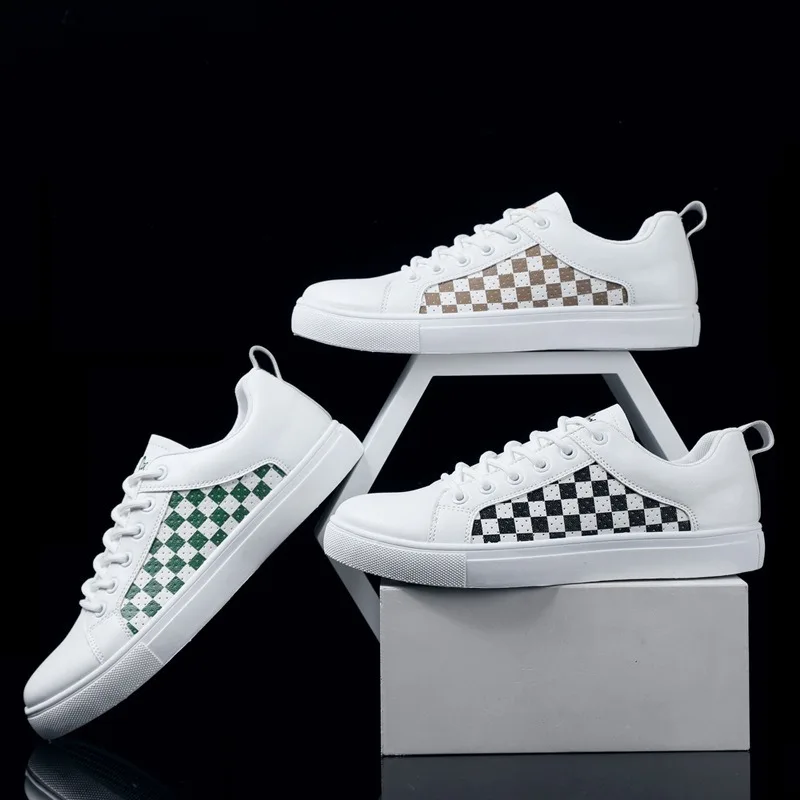 Plaid Leather Men Casual Shoes Outdoor White Men's Sneakers Comfort Male Flats Lace Up Jogging Breathable Board Shoes 2024 New 2