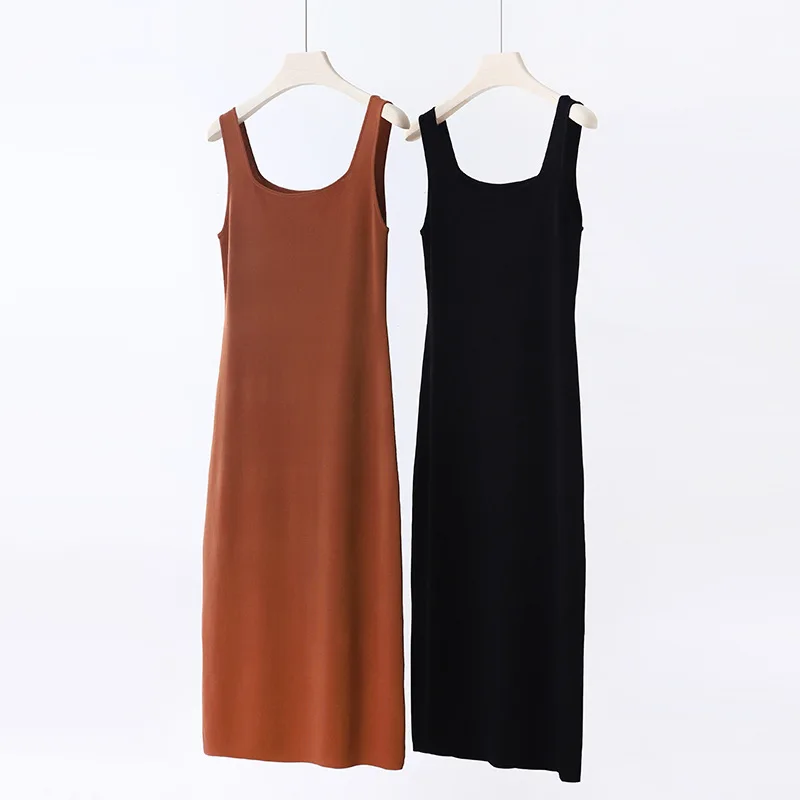 

Summer Knitted Sundress Camisoles Black Dress for Women Suspender Ice Silk Cool Square Collar Long Slim Viscose High Elasticity