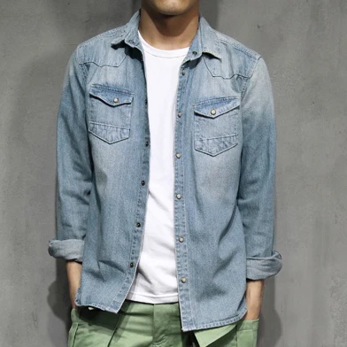 

Тяжелая весенне-осенняя мужская повседневная потертая рубашка в американском ретро-стиле, изношенная облегающая Рабочая джинсовая рубашка с длинным рукавом