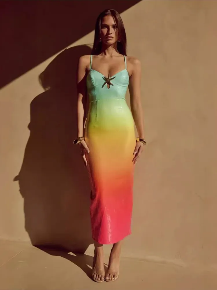 Sequins Gradient Spaghetti Strap Slim Maxi Dress Women Starfish Hollow Out Sleeveless Package Hip Sparkle Slit Party Dresses 2