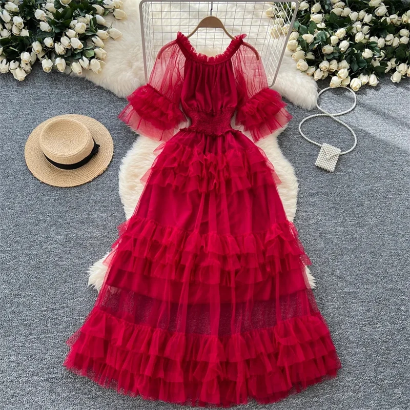 New Women's Long Vestidos 2025 Spring Autumn Elegant Temperament Lady Dress Advanced Flare Sleeve Ladies Mesh Cake Dress