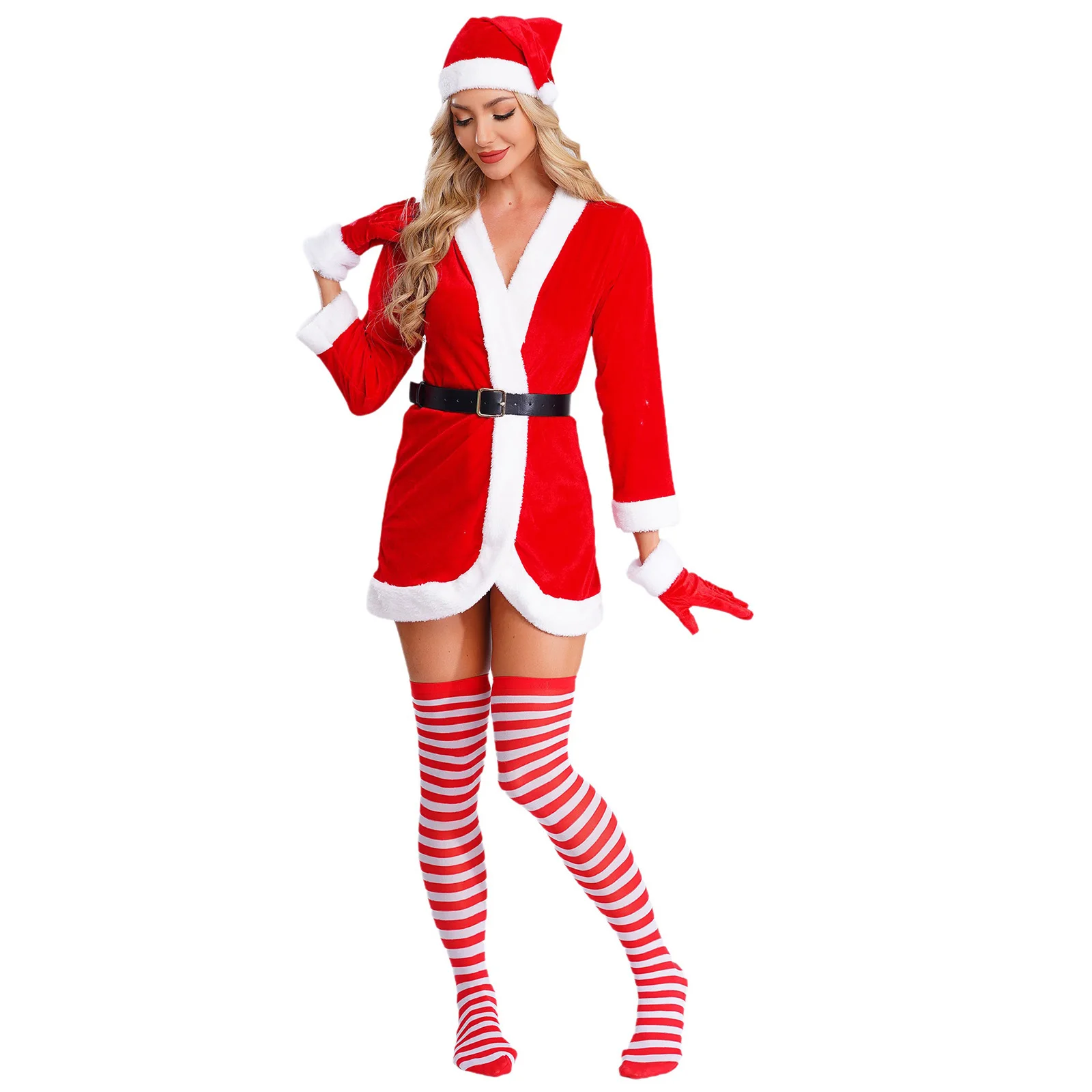 Womens Christmas Xmas Dresses Mrs Santa Claus Cosplay Costume Hooded New Year Dress Waist Belt Striped Stockings Hat And Shoes