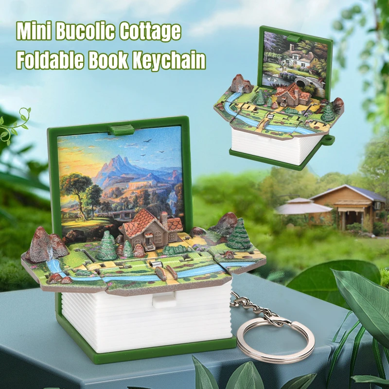 

Mini Foldable Book Pop-up Keychain Novelty Gadgets Magic Prop Tricks 3D Bucolic Cottage Bag Pendant Dollhouse Magic Book