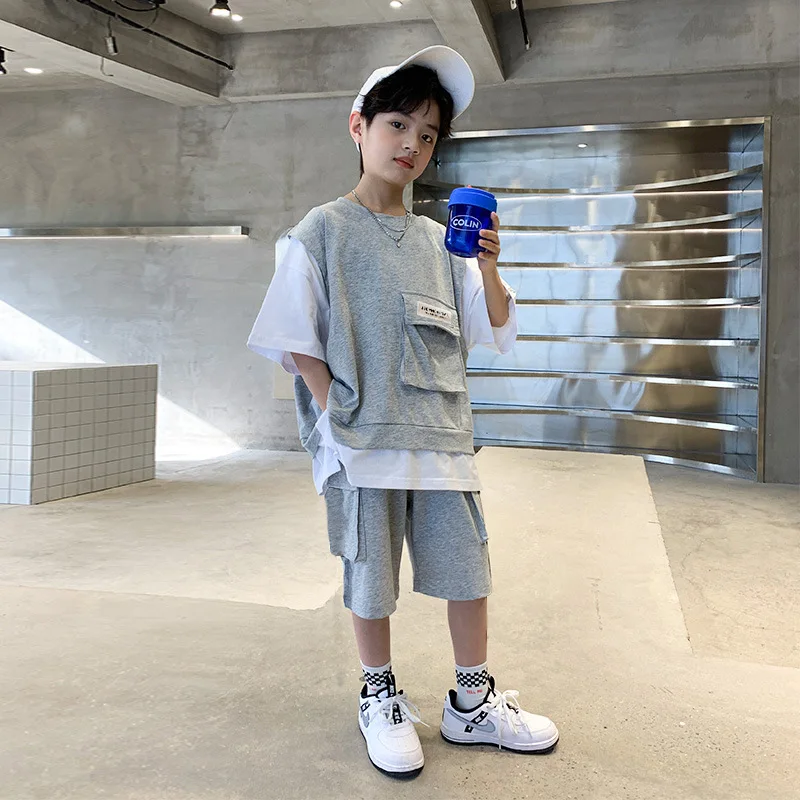 

Summer Cotton Kids Top Tees Sets Boys Patchwork T-Shirt+Short Pants Set with Large Pockets Children 2 Pieces Clothing 3-14 Years