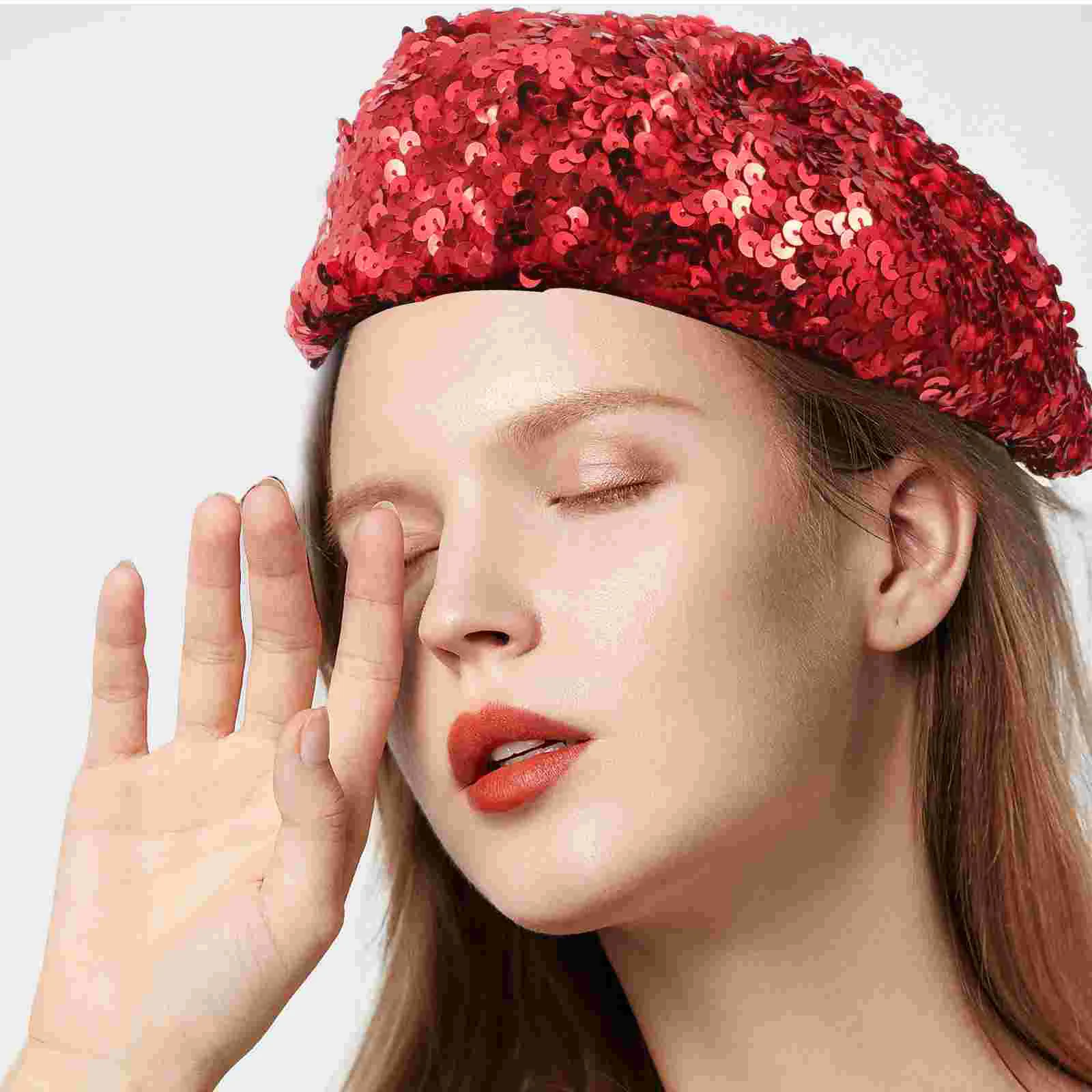 

French Beret Hat Sequin Beret Hat Red Fashion Shining Beanie Cap Sparkle Beanie Hat Polyester Artist Hat Fashion Beret for