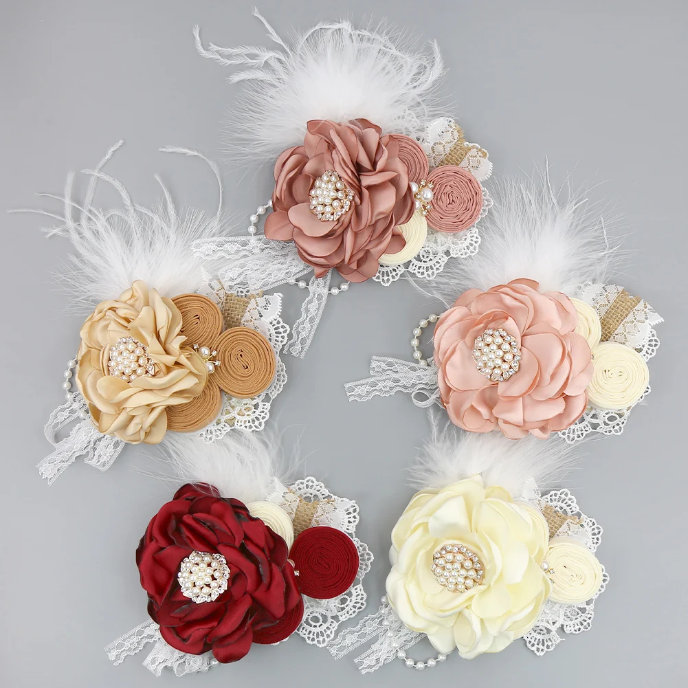 10 Pcs/lot Feather Flower Lace Headband With Pearl Rhinestone Knot Hair Bands Silk Baby Headwear Boutique Hair Accessories