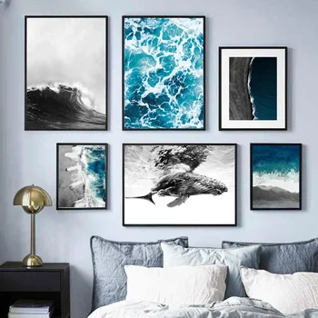Pittura su tela poster e stampe nordici blu mare nero bianco onda spiaggia balena Wall Art immagini a parete per la decorazione del soggiorno