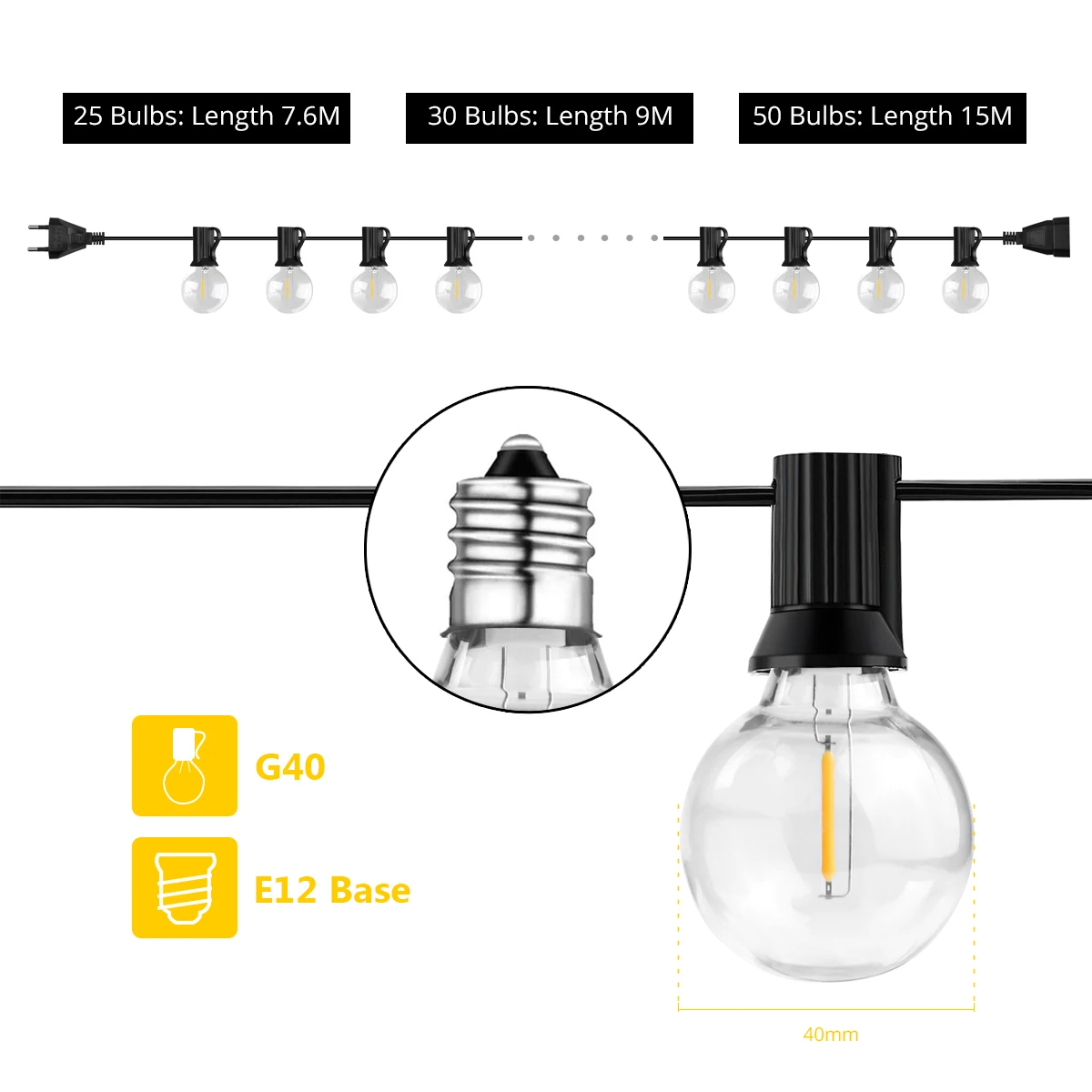 LED G40 볼 스트링 조명, 방수 야외 정원 화환 발코니 테라스 정원 펍 파티 크리스마스 장식, 요정 램프, 220V