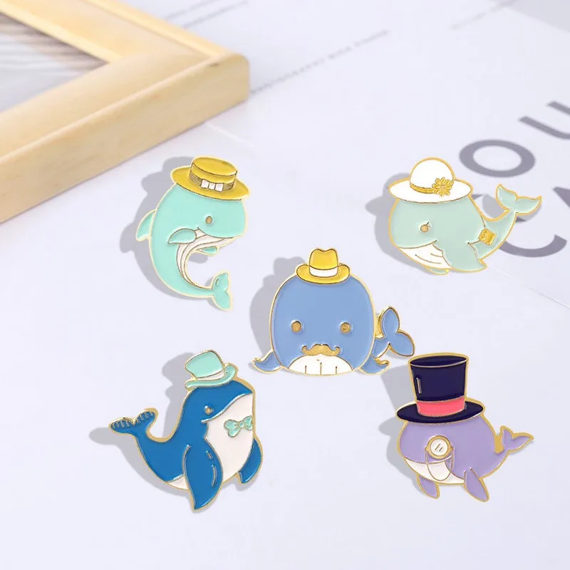 

Sea Animals Enamel Pins Shark Whale Dolphin with Hat Glasses Brooches Bag Hat Lapel Pin Badge Men Women Jewelry Gift for Child