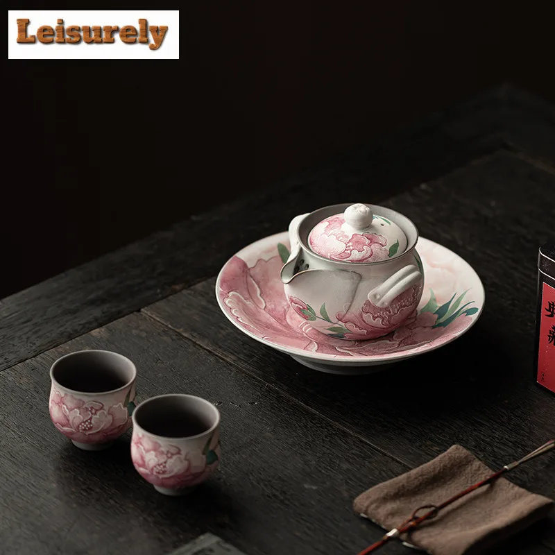 200ml Old Rock Clay Light Makeup Peony Handheld Teapot Antique Tea Infuser Pot Tea Soaking Kettle with Strainer Teaware Craft