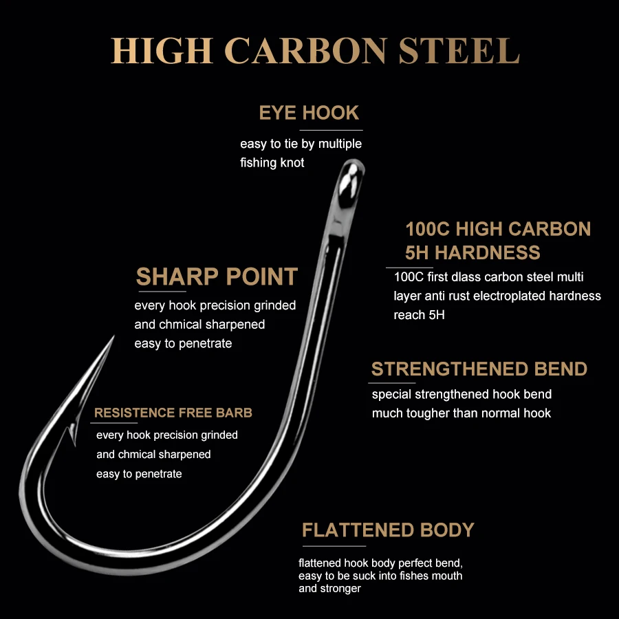 FTK 고탄소강 플라이 낚시 후크, 날카로운 가시 후크, 곡선 넓은 유광 가시 강화, 개울 물고기용 잉어 후크, 상자당 50 개
