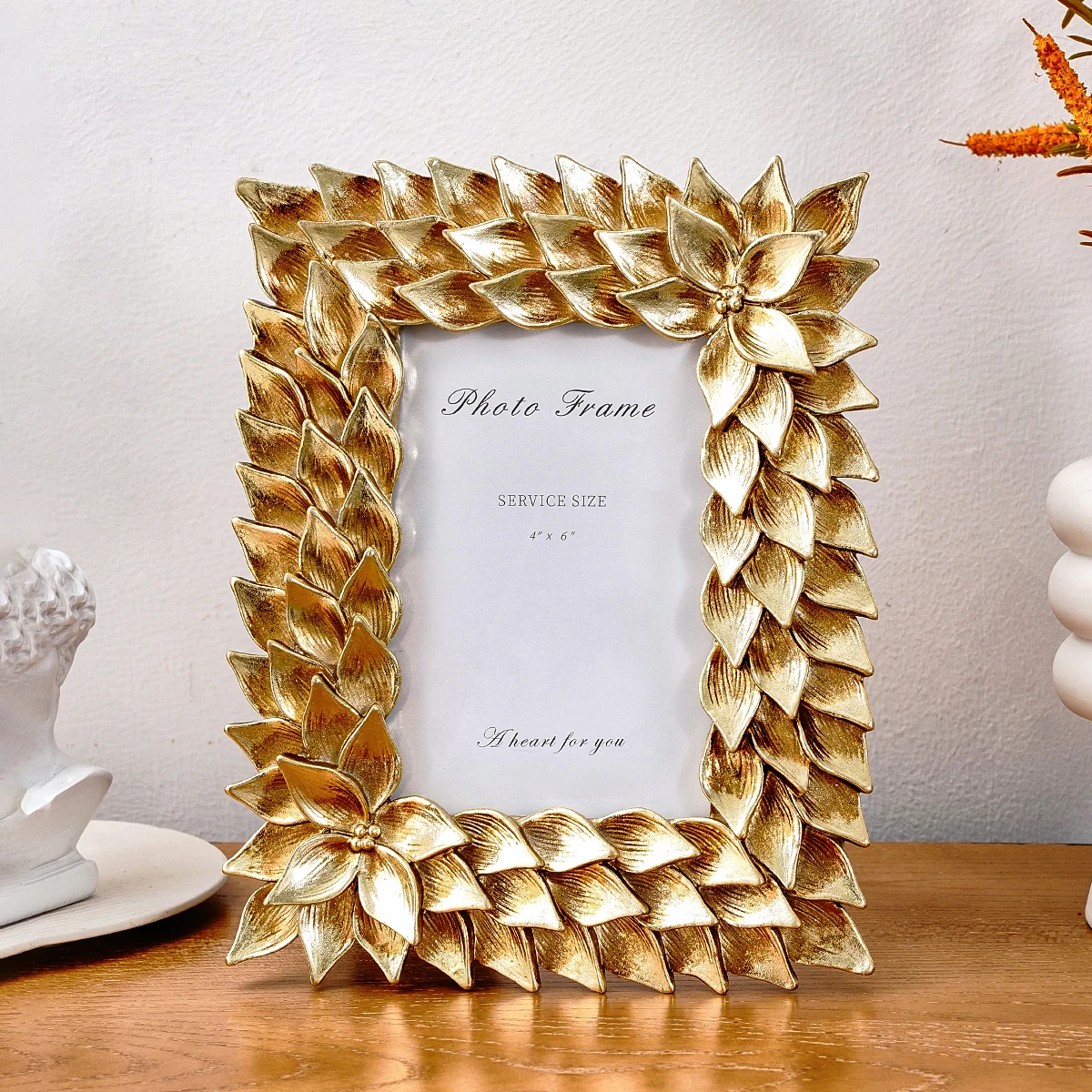 1PC, European retro style golden orchid lace photo frame, antique resin material photo decorative frame