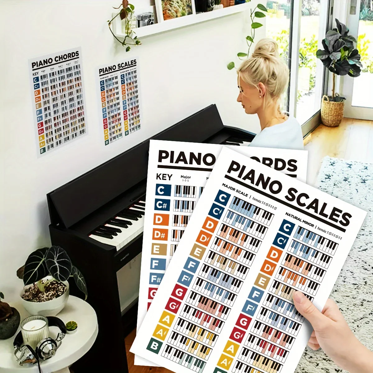 2pcs/set Piano Keyboard Chord Diagram/piano Knowledge Teaching Wall Chart/poster Sticker Suitable for Beginners To Use