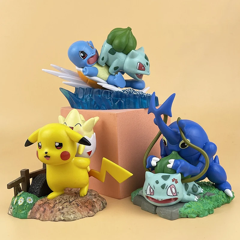 

3pcs Scene Pokémon Pet Elf Pikachu Squirtle Bulbasaur Scene Animation Model Handmade Doll Desktop Decoration Holiday Surprise