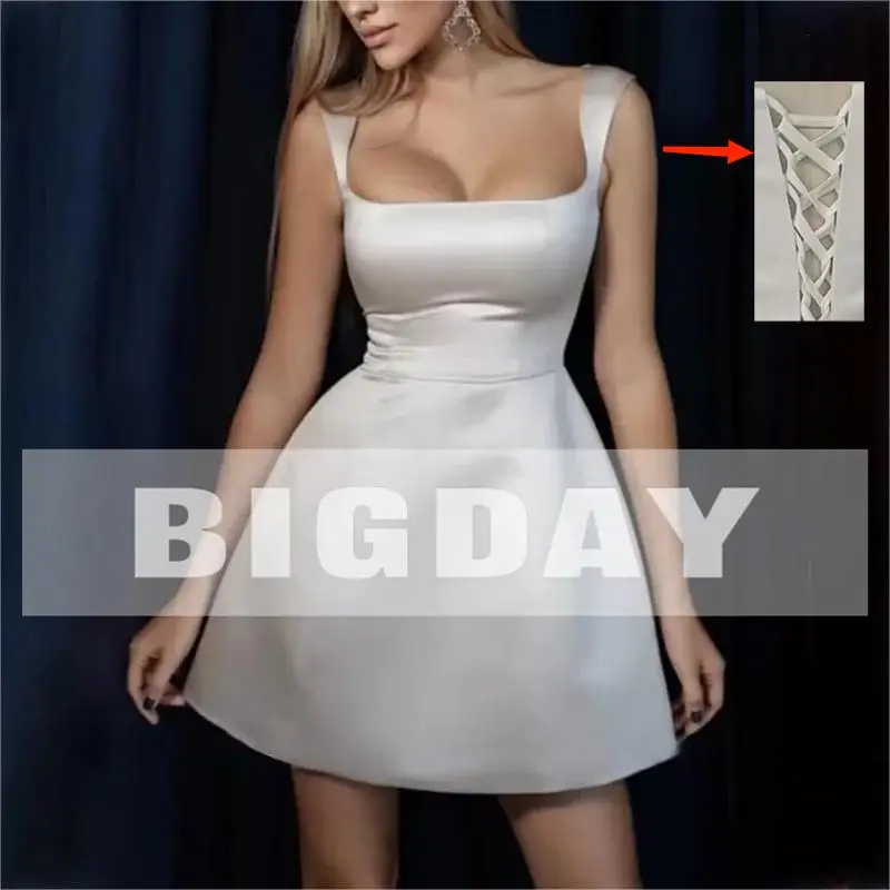 Vestido De novia corto elegante para mujer, traje De novia con cuello cuadrado y cordones, tirantes finos, por encima De la rodilla, color blanco, 2024