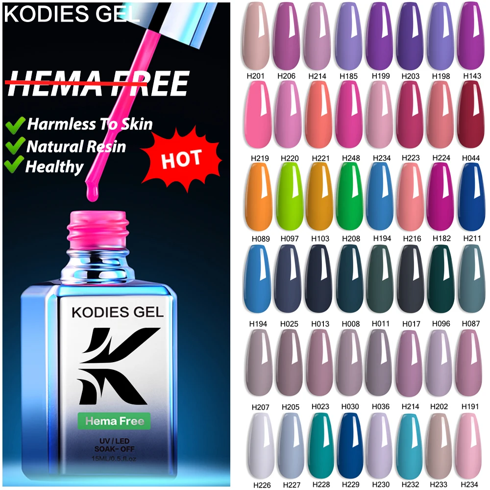 

KODIES GEL HEMA Free Gel Nail Polish 15ML Semi Permanent UV/LED Healthy Resin Manicure Varnish Full Color Base Top Coat Nailart