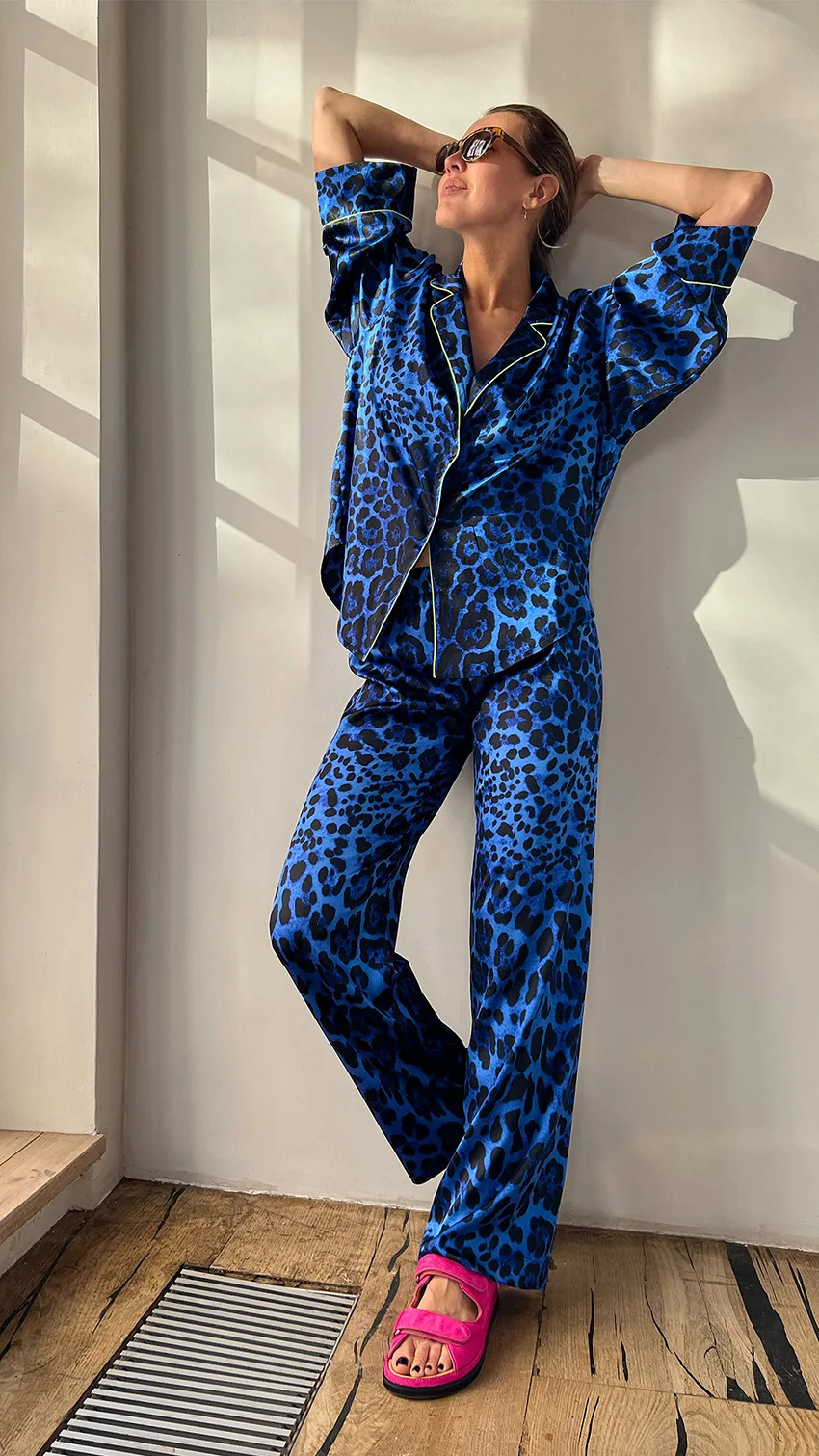 WomensLeopardPrintPajamaSetTurnDownCollarLadiesSleepwear2