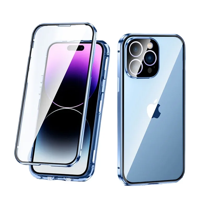 Magnetic Double-Sided Tempered Glass Full Body Case with Lens Protection and Metal Bumper Cover