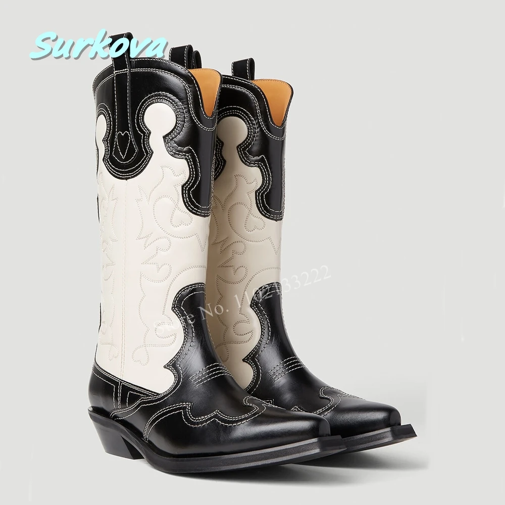 2024 Embroidered Leather Cowboy Boots Pointed Toe Square Low Heel Plus Size Western Boots Fashion Women Shoes Mid Calf Boots
