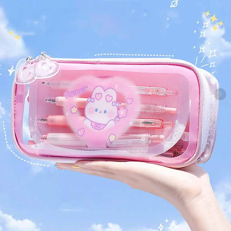 

Cute Pencil Bag Transparent PVC Student Cartoon Pencil Case Large Capacity Kawaii Cartoon Bags Stationery for School Offices