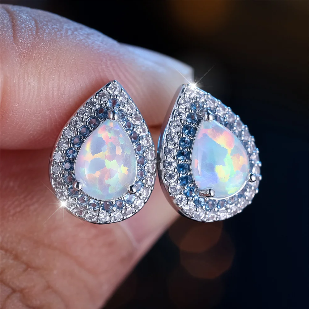 Female Cute White Opal Stone Water Drop Stud Earrings Silver Color Wedding Jewelry For Women