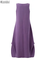 ZANZEA 2024 Fashion Summer Dress Women Holiday Oversized Maxi Dresses Casual Loose Solid Cotton Vestidos Sleeveless O Neck Robe - Image 5