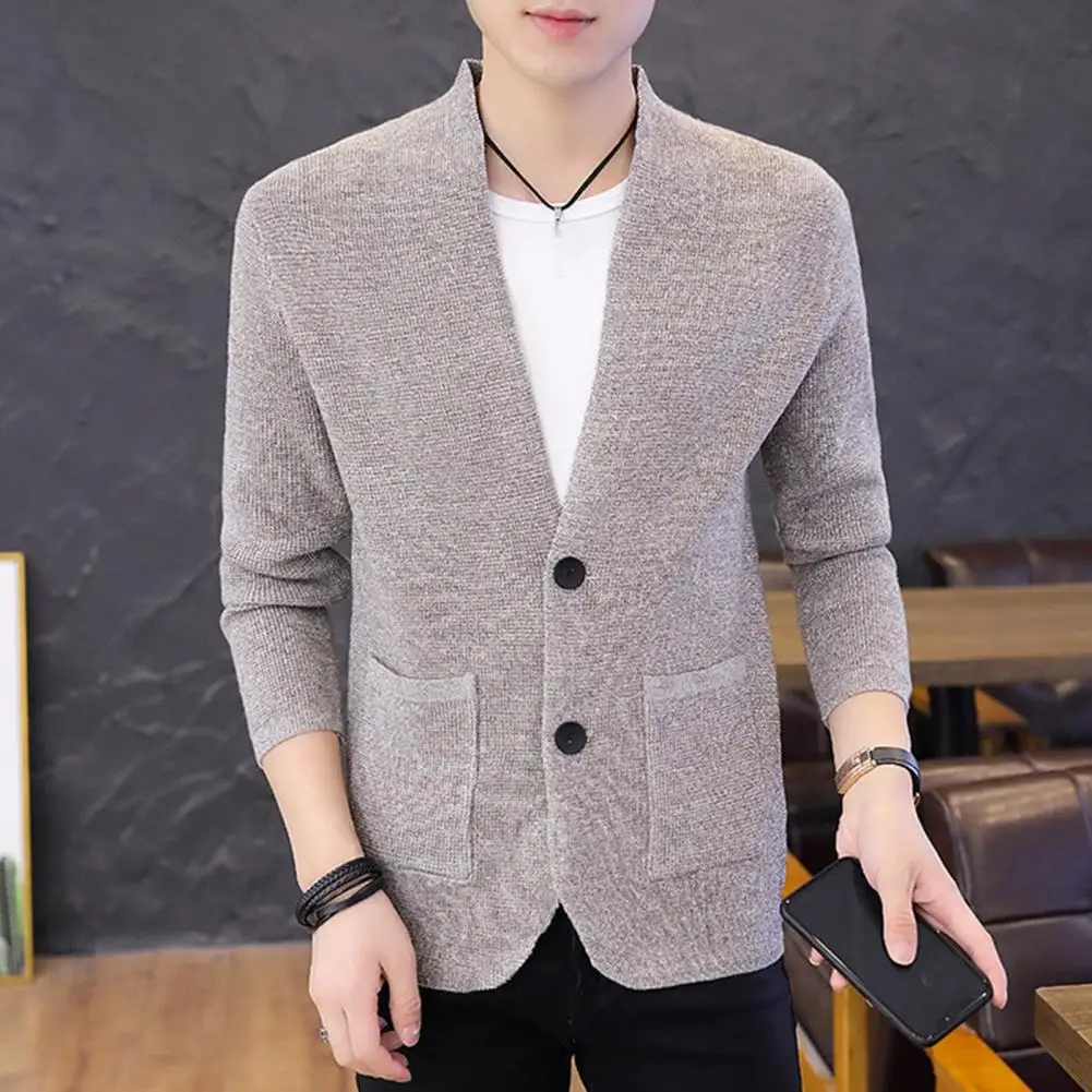 

Autumn Men Jacket Stylish Men's Knitwear Coat Single-breasted Solid Color Cardigan with Elastic Fit Soft Warm for Fall/winter
