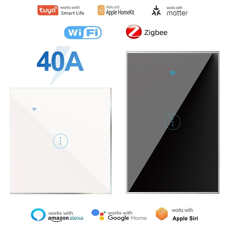 40A Tuya Smart Home WiFi HomeKit Matter Zigbee AC Touch Switch Air Conditioner Water Heater Smart Switch Support Google Alexa