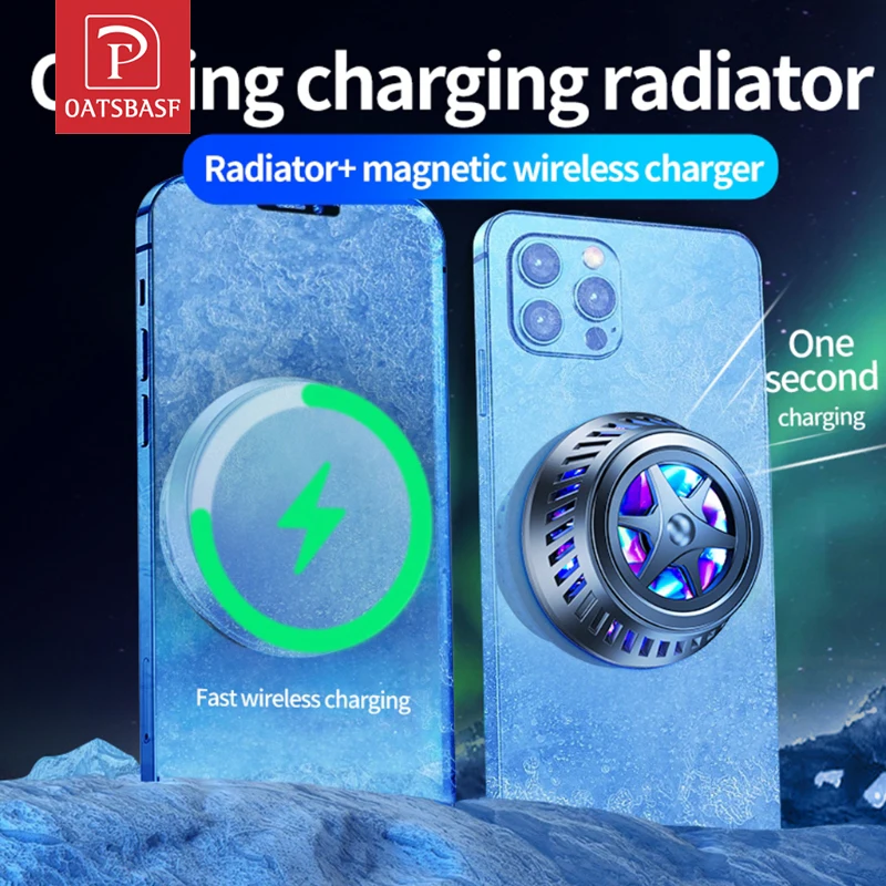 

OATSBASF Cell Phone Cooler Wireless Charging For iPhone 12 13 Pro Max USB Fan Game Holder Radiator Mobile Phone Stand Controller