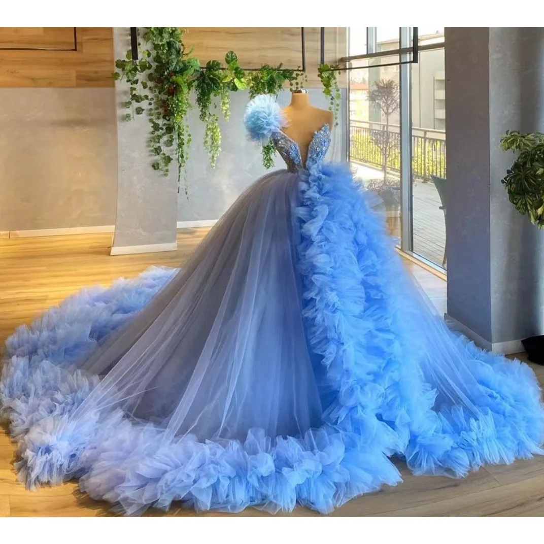 

Fluffy Prom Dresses One Shoulder Beads High Split Ruffles clound aso ebi lace-up corset Celebrity carpet Evening Dress