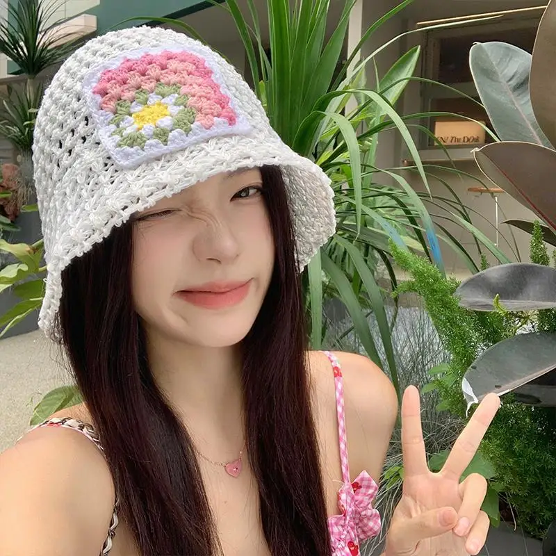 

Woven Flower Straw Hat Women's Summer Hollow Breathable Straw Bucket Fisherman Hat