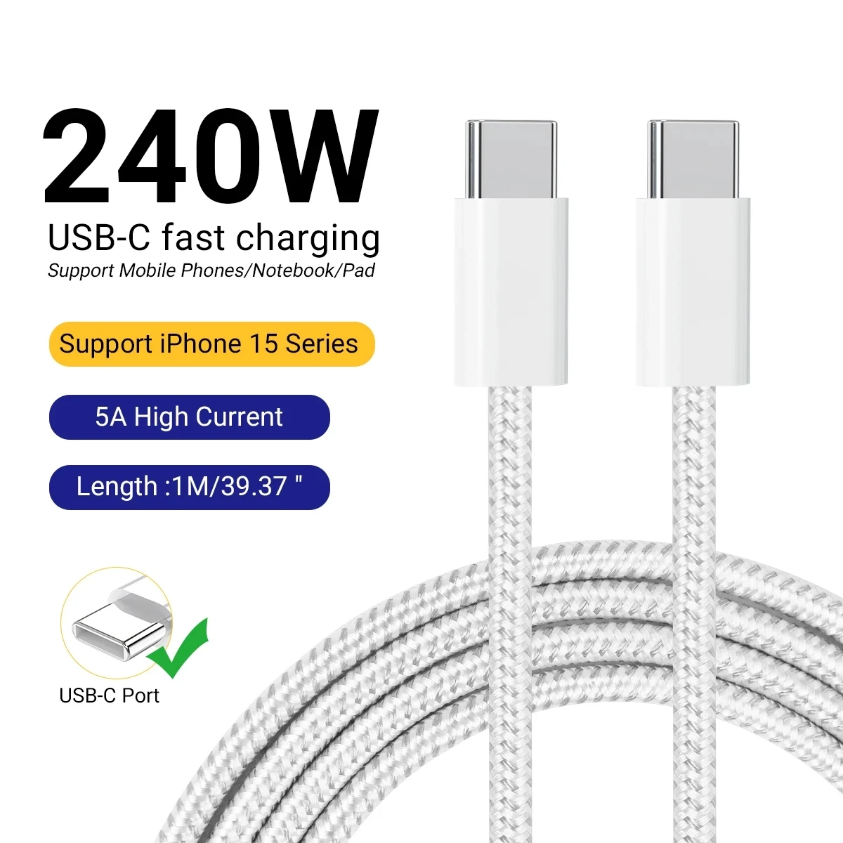 Оригинальный кабель для быстрой зарядки и передачи данных 240 Вт PD USB C к Type C для Samsung iPhon 15 Pad Pro Huawei, кабель для передачи данных