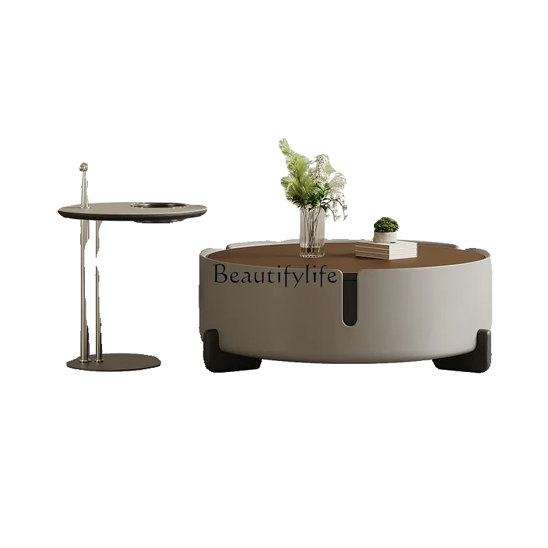 

Italian Minimalist High-End Saddle Leather Tea Table Combination round Stone Plate Metal Shaped Tea Table