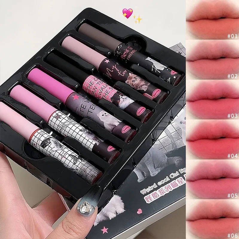 6Pcs/set Cute Cat Mirror Water Lip Gloss Set Red Tint For Lips Makeup Long Lasting Glass Lip Glaze Waterproof Lipstick Kit lip gloss lip makeup lip glaze lip tint