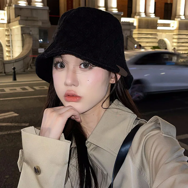 여성용 COKK 버킷햇 캐시미어 어부 캡, 레트로 격자 무늬, 우아한 심플 모자, 여성용 블랙, 가을, 겨울, 신상