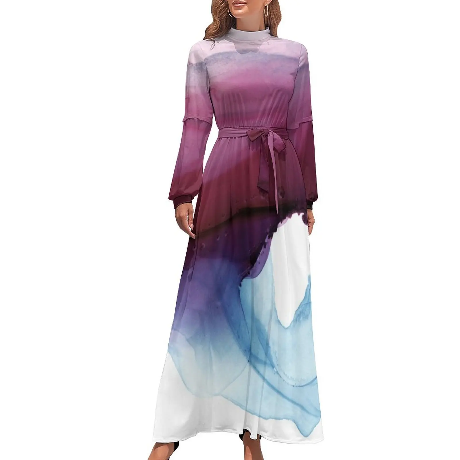 thumbnail image 1 of Vestido largo con ilustraciones abstractas y fluidas en tonos morados, vestidos de noche elegantes y chic para bodas, vestidos de noche de lujo 2024, 1 of 5