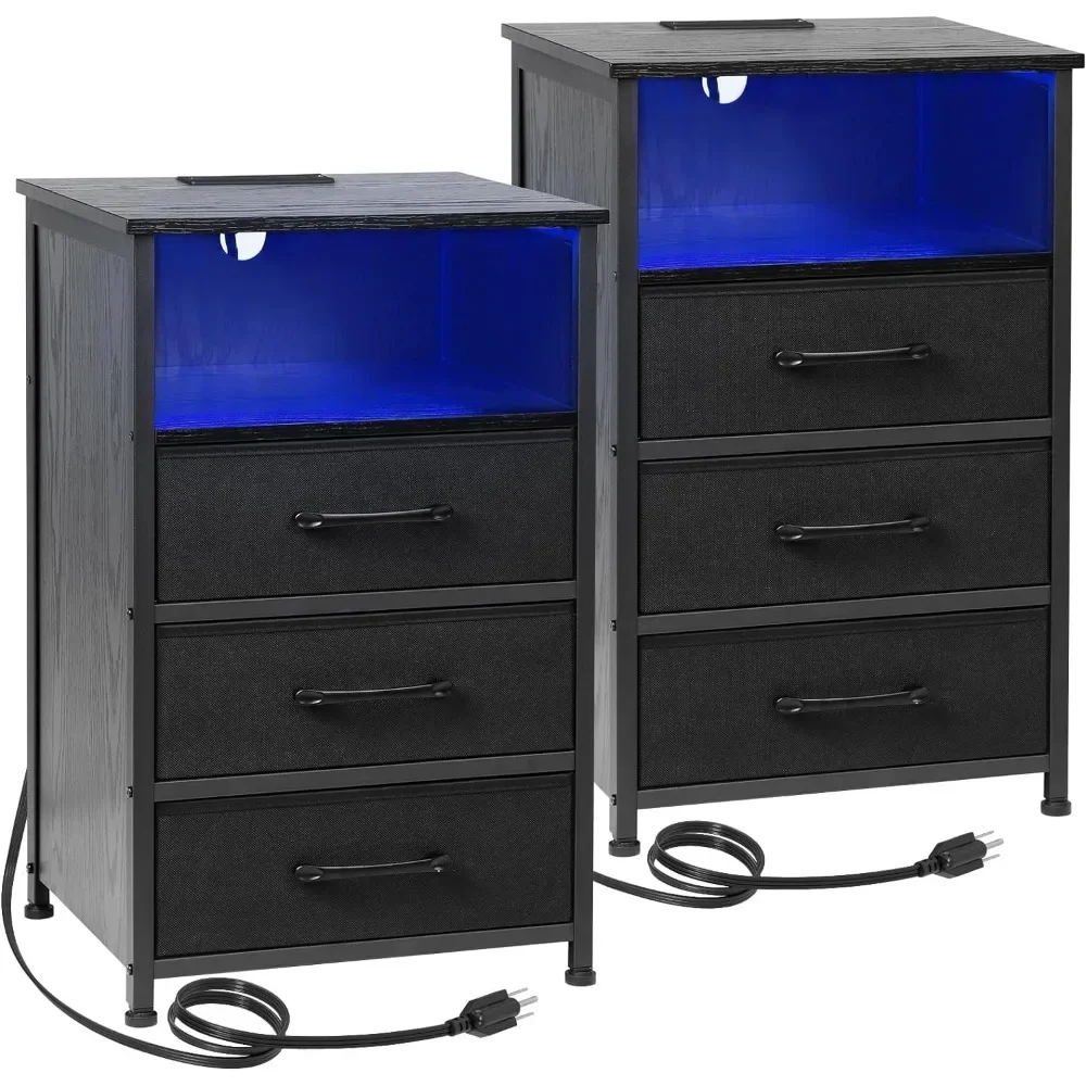 

Nightstands Set of 2, LED Nightstand with Charging Station, Night Stand with 3 Fabric Drawers, Bedside Table