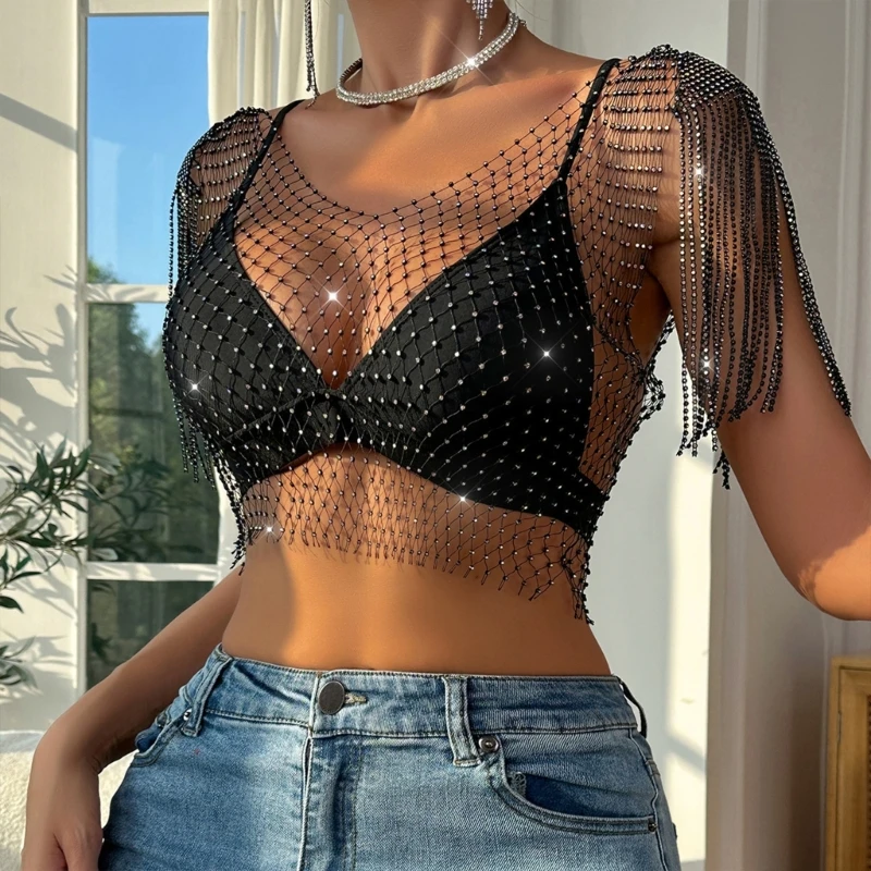 Dames tops met korte mouwen blouse transparant feest buikvrij clubwear bar shirt mesh top glitter basic mesh kort bijgesneden, zwart, S