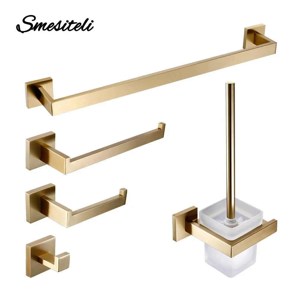 Matte Gold Towel Rack 304 stainless steel Towel Bar Double Shelf Paper Holder Tissue Holder Toilet Brush Toilet Paper Holder Paper Towel Holder Bathroom Hardware Accessories Bathroom Hardware Set