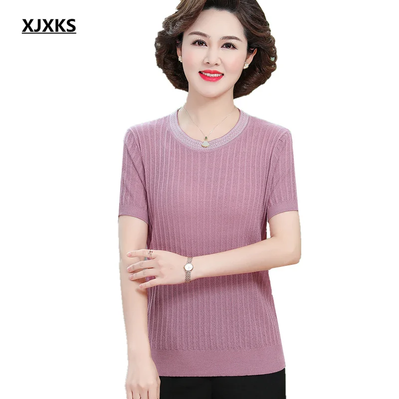 

XJXKS Round Neck Short-sleeved Top Women Tee Shirt 2022 Camiseras Femininas Summer New Solid All-match Lady Casual T-shirt