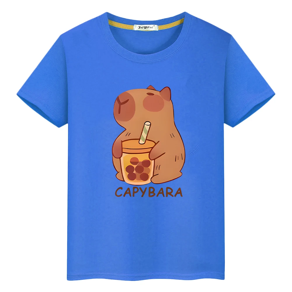 Capybara drinks milk tea print anime Short t shirt for kids boy 10year y2k one piece 100%Cotton Tops pride tshirt girls clothes 5