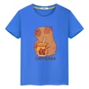 Capybara drinks milk tea print anime Short t shirt for kids boy 10year y2k one piece 100%Cotton Tops pride tshirt girls clothes 5