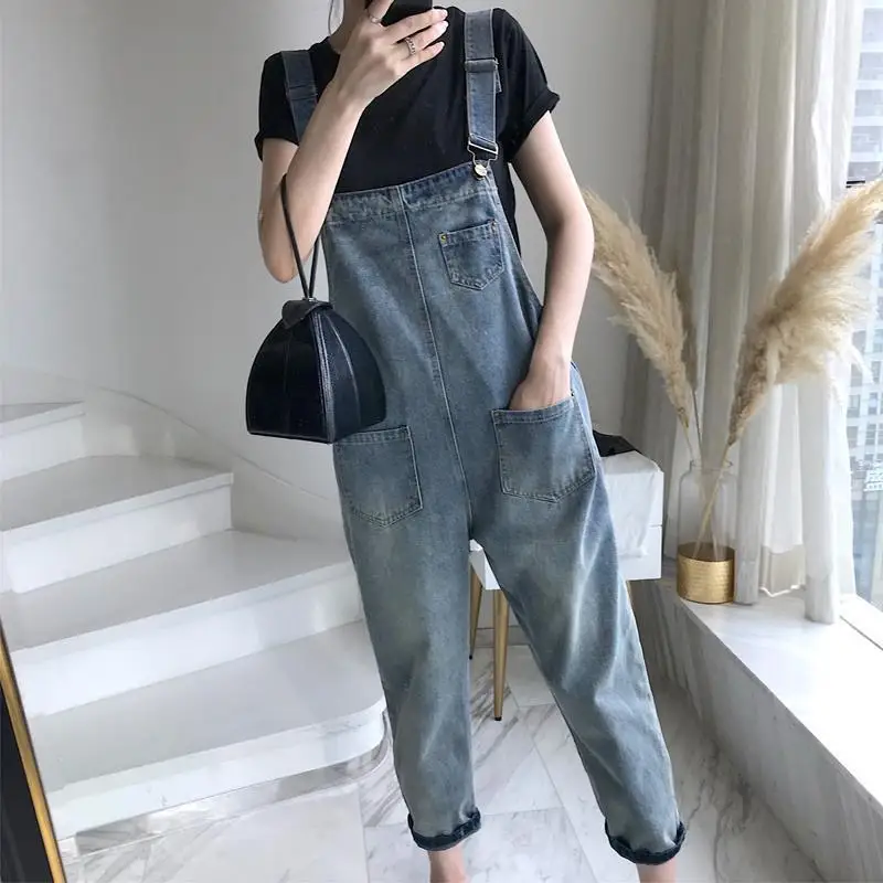 Korean Commute Sling Jeans Women's Spring Summer New Overalls Solid Color Loose Patchwork Pockets Cute Denim Ankle-Length Pants