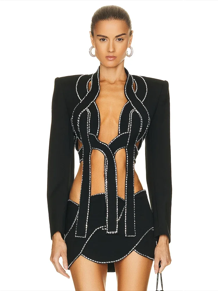 

2023 New Women's Diamond Hollow Decoration Suit 2-piece Set Sexy V-neck Long Sleeve Top Skirt Bandage Tight Party Set