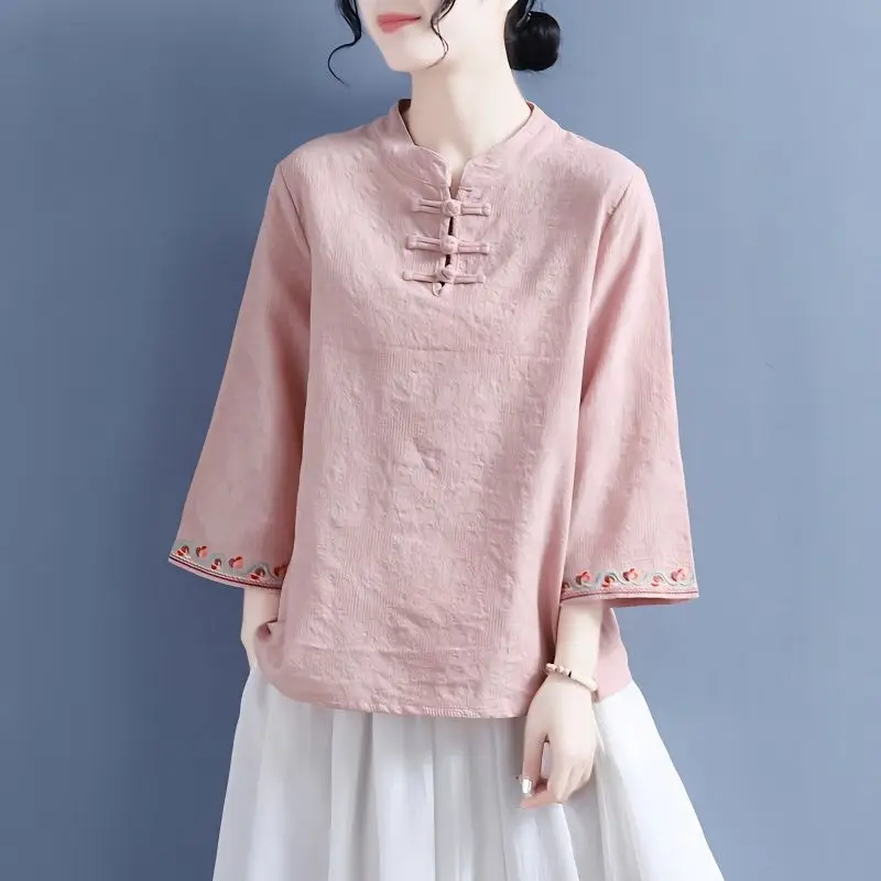 Cheongsam Women's Plus Size Tops Summer Cotton Blend Splicing Embroidery Stand Collar Chinese Style Qipao Shirts Woman