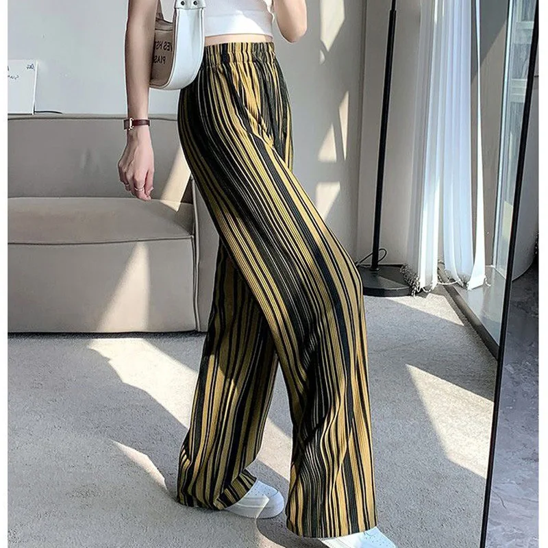 2023 Spring and Summer Fashion Simple Stripe High Waist Slim Ice Silk Drop Feel Casual Loose Women's Straight Tube Floor Towers