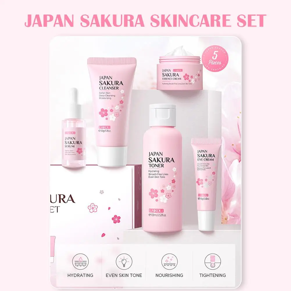 Sakura Skin Care Set - Cleanser Serum Eye Cream Facial Cream  Sunscreen Travel Kit for Women
